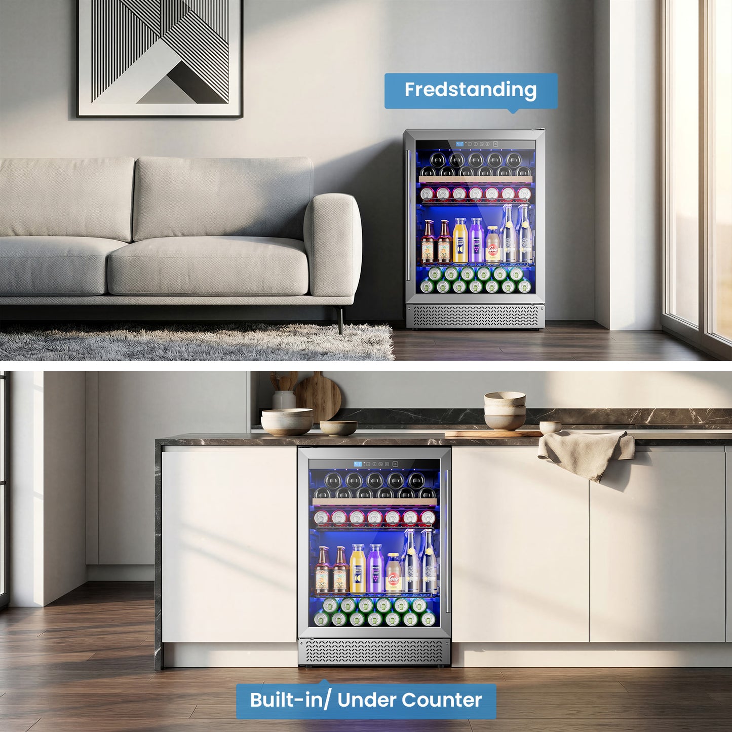 Mini Fridge 24 Inch Under Counter Beverage and Wine Cooler Refrigerator Built-in or Freestanding - 118 Cans & 16 Bottles Capacity with LED Light Glass Door