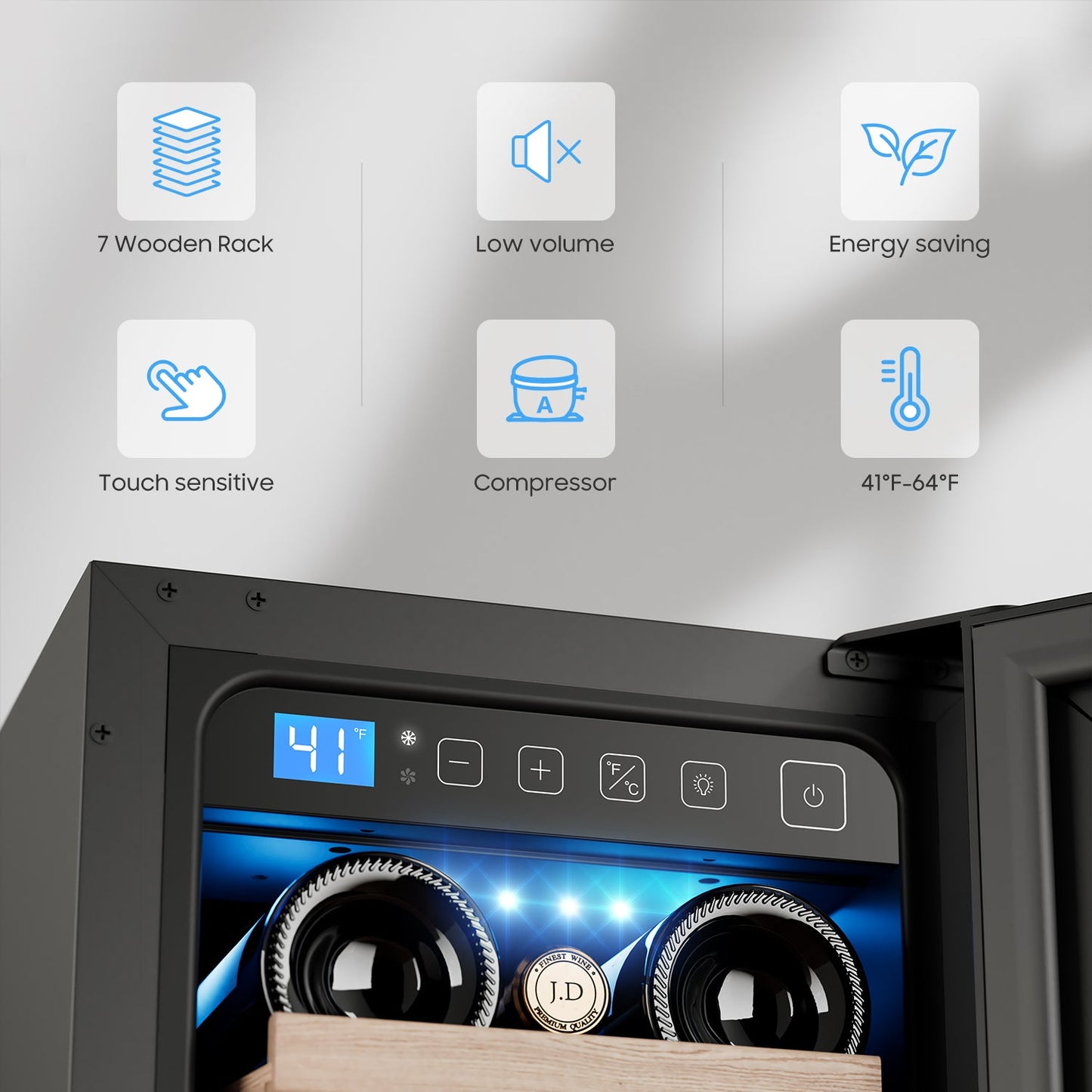 12" Wine Cooler Refrigerator 21 Bottle Wine Fridge Built-in or Freestanding with Double-Layer Tempered Glass Door Compressor quick cooling,Low Noise