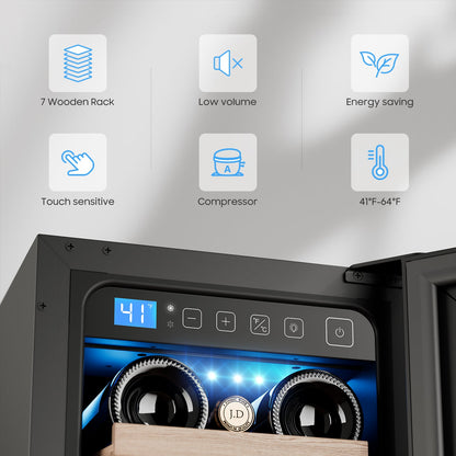 12" Wine Cooler Refrigerator 21 Bottle Wine Fridge Built-in or Freestanding with Double-Layer Tempered Glass Door Compressor quick cooling,Low Noise