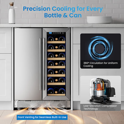 Wine and Beverage Refrigerator, 24” Daul Zone Wine Fridge, Freestanding Under Counter Refrigerator, Stainless Steel Beverage Cooler with Adjustable Shelves, Holds 21 Bottles and 88 Cans