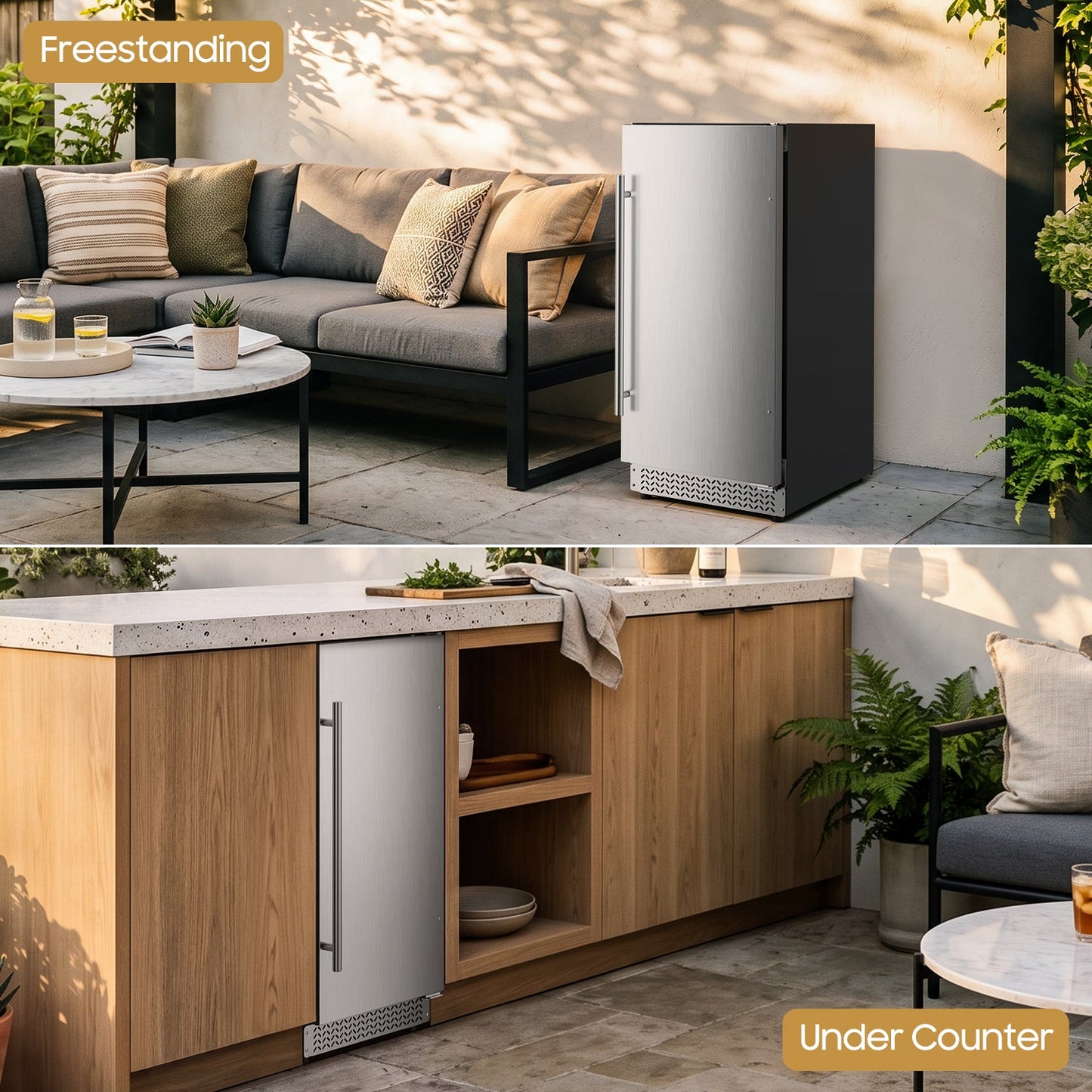 15 Inch Outdoor Fridge, 92 Cans Beverage Refrigerator with Stainless Steel Door Built-In or Freestanding, Outdoor Refrigerator for Patio & Waterproof for Soda Beer Wine-Kitchen Bar Office