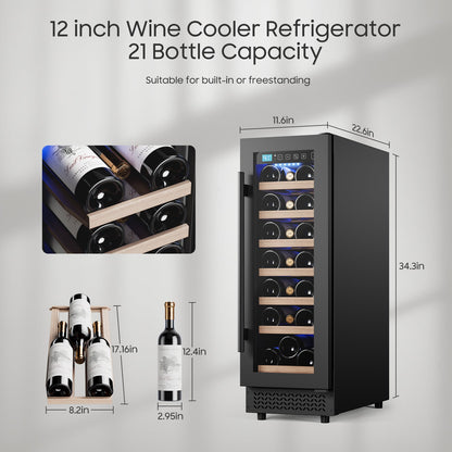 12" Wine Cooler Refrigerator 21 Bottle Wine Fridge Built-in or Freestanding with Double-Layer Tempered Glass Door Compressor quick cooling,Low Noise