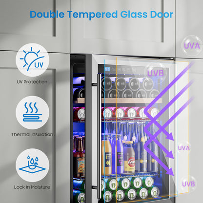 Mini Fridge 24 Inch Under Counter Beverage and Wine Cooler Refrigerator Built-in or Freestanding - 118 Cans & 16 Bottles Capacity with LED Light Glass Door