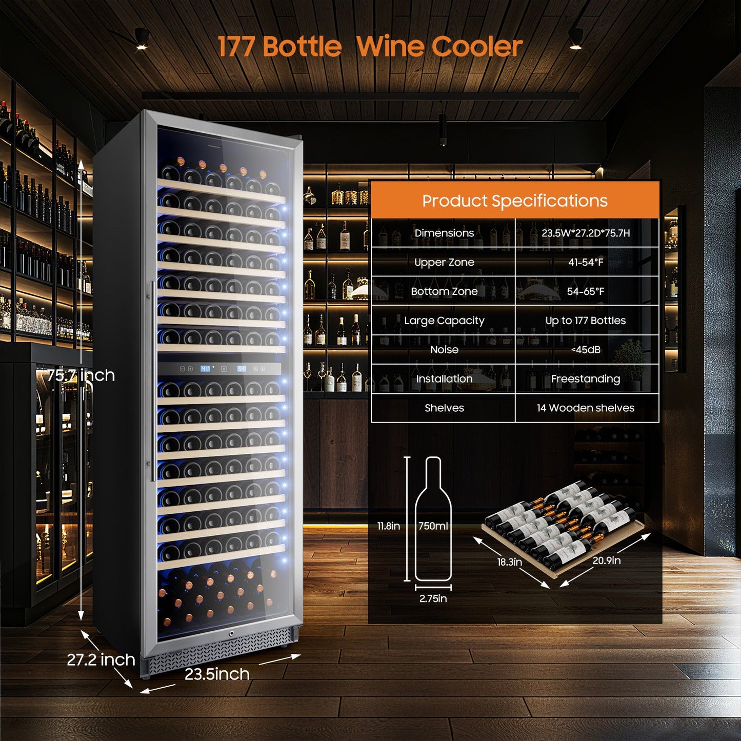 Wine Cooler Refrigerator 24 Inch,177 Bottle Dual Zone Wine Fridge Freestanding/Built-In with Upgraded Compressor, Low-Noise Wine Cellar & Intelligent Temperature Control