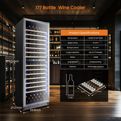 Wine Cooler Refrigerator 24 Inch,177 Bottle Dual Zone Wine Fridge Freestanding/Built-In with Upgraded Compressor, Low-Noise Wine Cellar & Intelligent Temperature Control