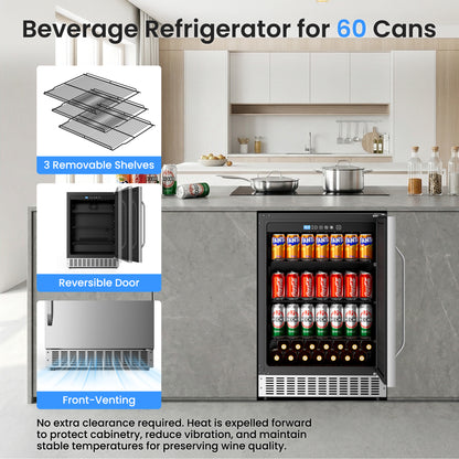 Built-In or Freestanding Drink Fridge 180 Cans, Outdoor Beverage Refrigerator 24’’, Undercounter Waterproof Stainless Steel Door, Outdoor Refrigerator for Patio & Commercial Use for Beer, Soda, Wine