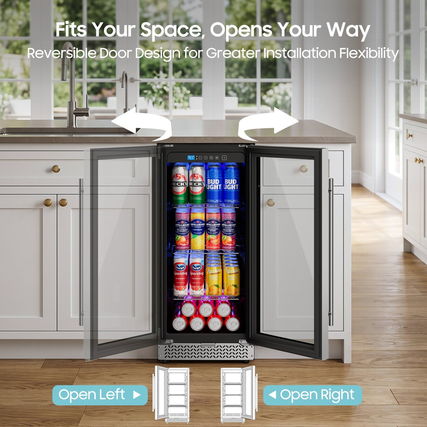 15 Inch Beverage Refrigerator, 100 Can Under Counter Beverage Fridge with Glass Door Built-in or Freestanding, Drink Fridge for Soda Beer Wine-Kitchen Bar Office