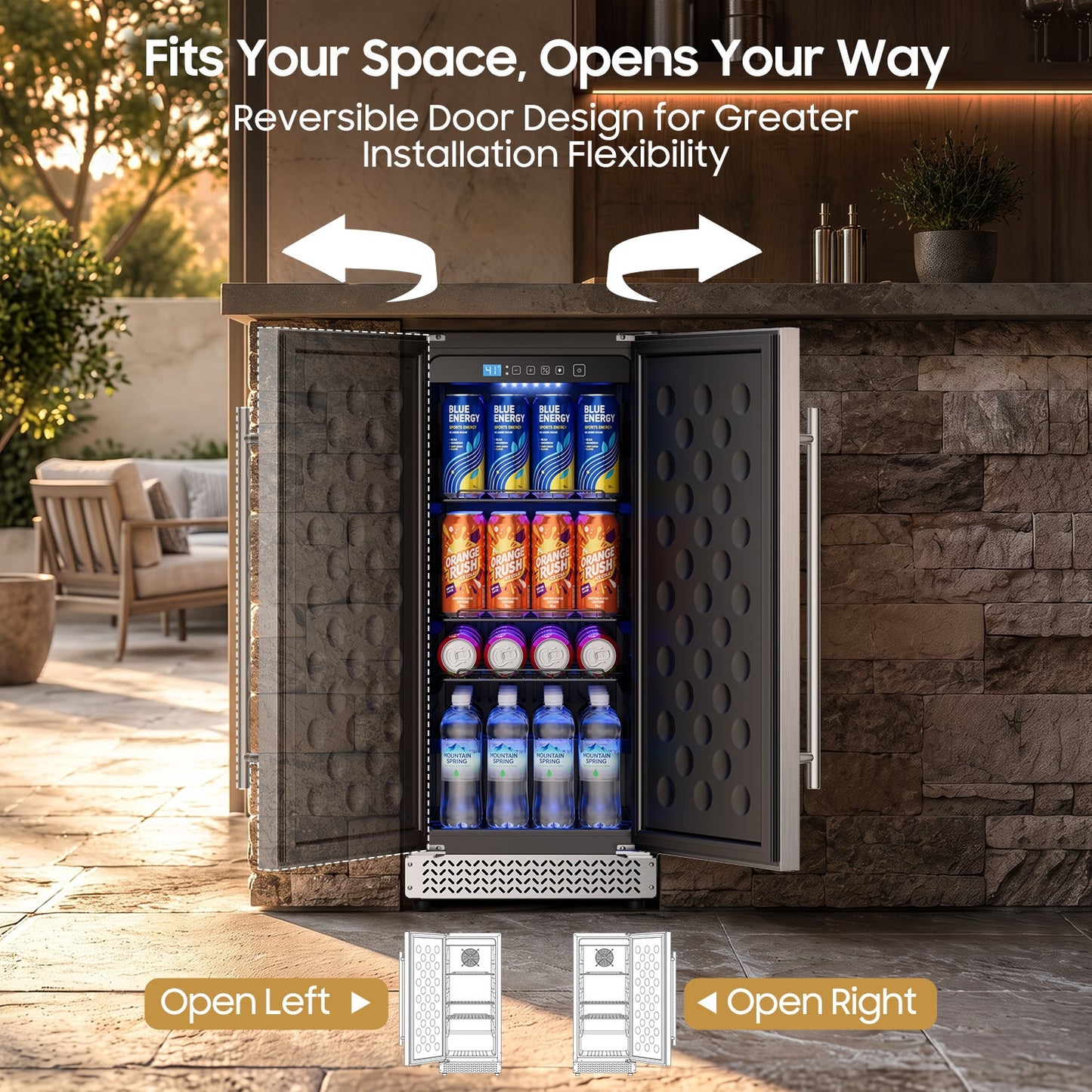 15 Inch Outdoor Fridge, 92 Cans Beverage Refrigerator with Stainless Steel Door Built-In or Freestanding, Outdoor Refrigerator for Patio & Waterproof for Soda Beer Wine-Kitchen Bar Office