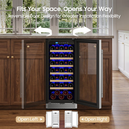15 Inch Wine Fridge, 35 Bottles Wine Fridge Small with Glass Door Built-in or Freestanding, Wine Cooler Refrigerator Compressor Quick Cooling&Low Noise-Kitchen Bar Office