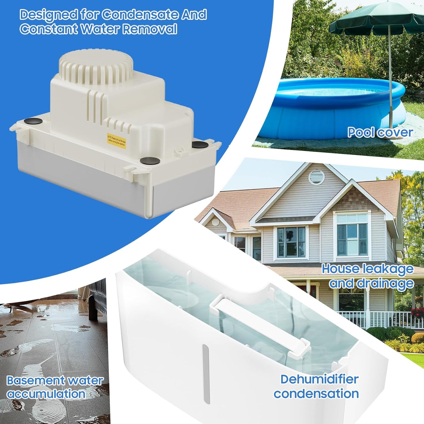Automatic Condensate Removal Pump, HVAC Condensate Removal for Air Conditioner, Furnace, Dehumidifier,Ice Machine - 115 Volts/60Hz Ultra-Quiet with 16 Ft Hose,4 Water inlets & 2 Type outlets