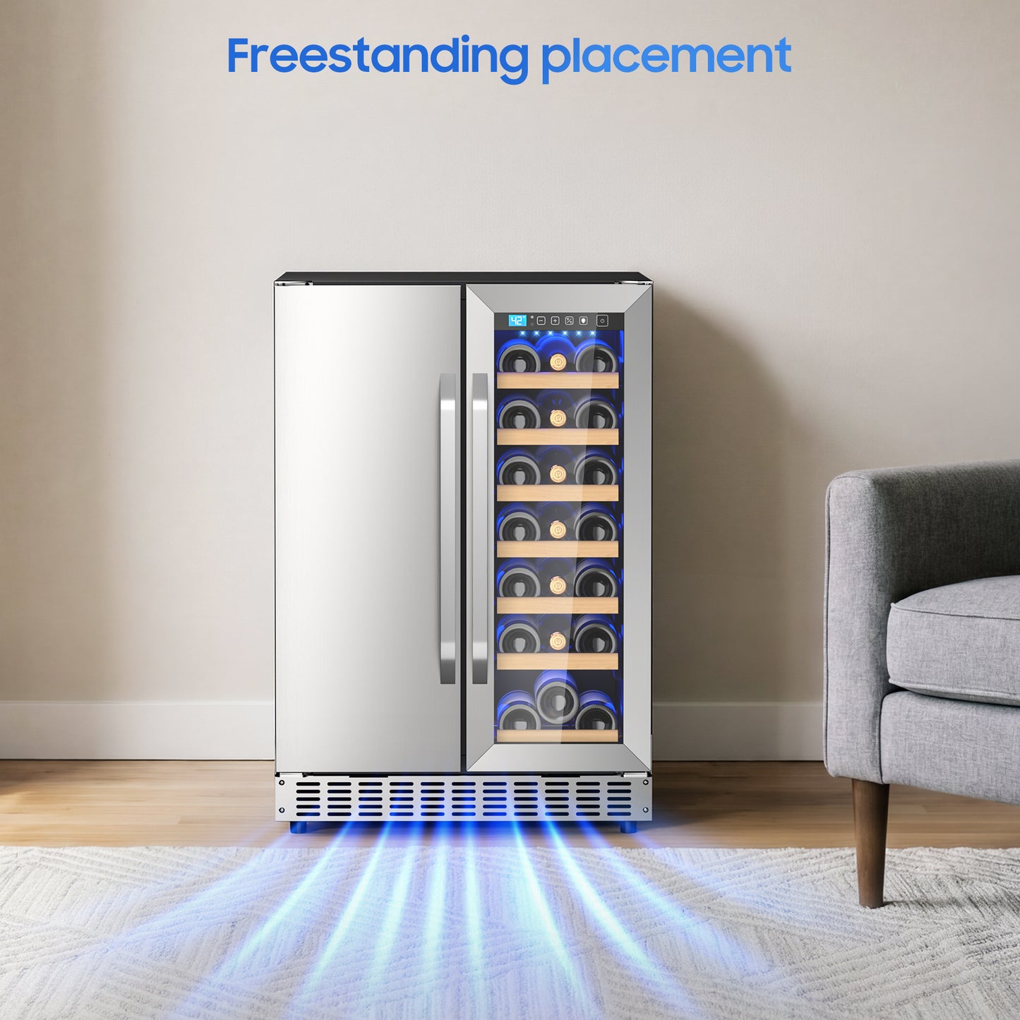 Holds 21 Bottles and 88 Cans Wine and Beverage Refrigerator, 24” Daul Zone Wine Fridge, Freestanding Under Counter Refrigerator, Stainless Steel Beverage Cooler with Adjustable Shelves