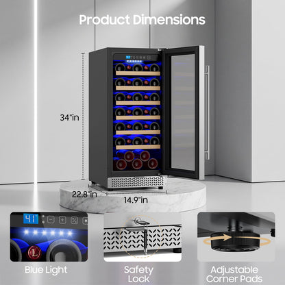 15 Inch Wine Fridge, 35 Bottles Wine Fridge Small with Glass Door Built-in or Freestanding, Wine Cooler Refrigerator Compressor Quick Cooling&Low Noise-Kitchen Bar Office