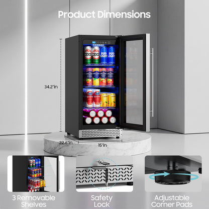 15 Inch Beverage Refrigerator, 100 Can Under Counter Beverage Fridge with Glass Door Built-in or Freestanding, Drink Fridge for Soda Beer Wine-Kitchen Bar Office