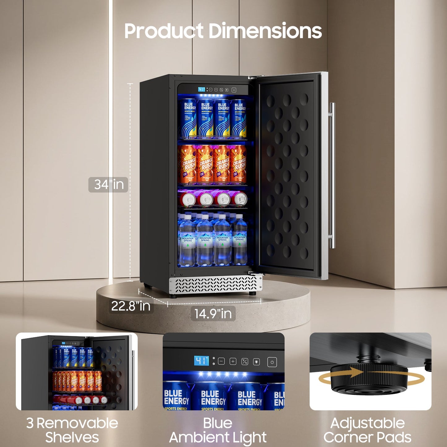 15 Inch Outdoor Fridge, 92 Cans Beverage Refrigerator with Stainless Steel Door Built-In or Freestanding, Outdoor Refrigerator for Patio & Waterproof for Soda Beer Wine-Kitchen Bar Office