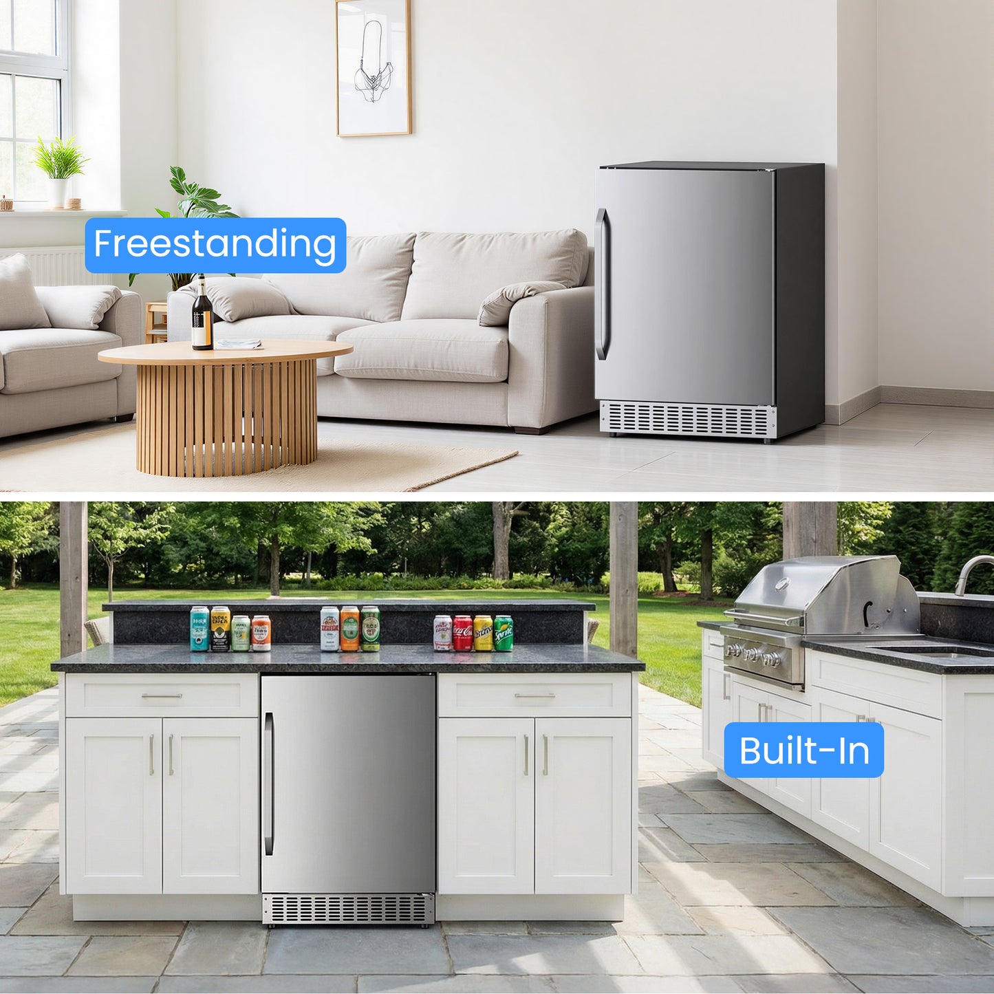 Built-In or Freestanding Drink Fridge 180 Cans, Outdoor Beverage Refrigerator 24’’, Undercounter Waterproof Stainless Steel Door, Outdoor Refrigerator for Patio & Commercial Use for Beer, Soda, Wine