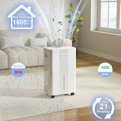 1600 Sq.ft Dehumidifier for Home, 21 Pints Dehumidifier for Basement with Drain Hose, Quiet Dehumidifiers Smart Humidity Control, 24H Timer, 3 Modes, Portable for Bedroom,Bathroom