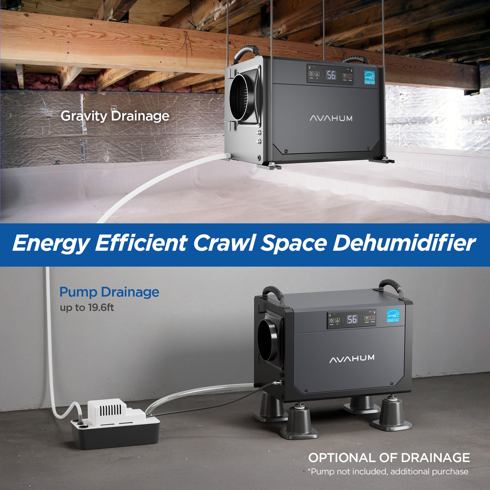 AVAHUM 120 Pints Crawl Space Dehumidifier Drainage