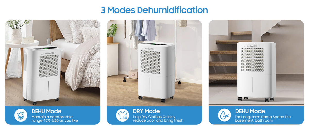 Glowells 2500 Sq.Ft Dehumidifiers for Home Basement with Drain Hose, 34 Pints Large Room Dehumidifier Portable with Smart Humidity Control, 3 Opeartion Modes for RV, Bathroom, Bedroom