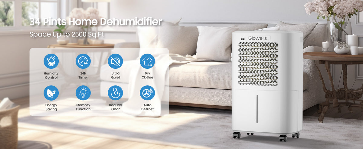 Glowells 2500 Sq.Ft Dehumidifiers for Home Basement with Drain Hose, 34 Pints Large Room Dehumidifier Portable with Smart Humidity Control, 3 Opeartion Modes for RV, Bathroom, Bedroom