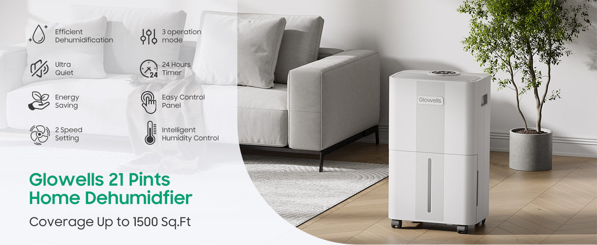 Glowells 1600 Sq.ft Dehumidifiers for Home, 21 Pints Dehumidifier with Drain Hose for Basement, Smart Humidity Control Moisture Removal, 3 Operation Modes for RV, Bathroom, Bedroom