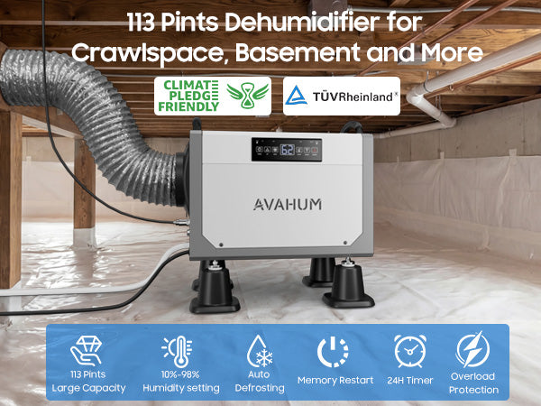 AVAHUM 113 Pints Crawl Space Dehumidifier with Pump, Commercial Dehumidifier with Drainage Hose, Coverage Area 3500 Sq.ft