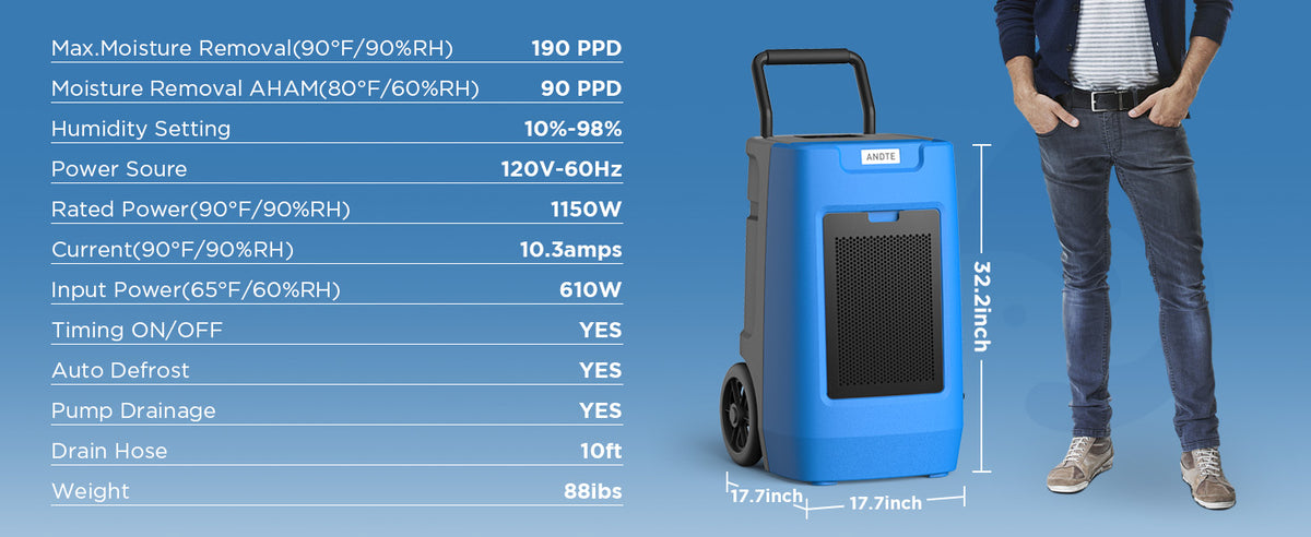 ANDTE 190 Pints Commercial Dehumidifier with Pump, Industrial Dehumidifier for Basements, Covers up to 6500 Sq.ft