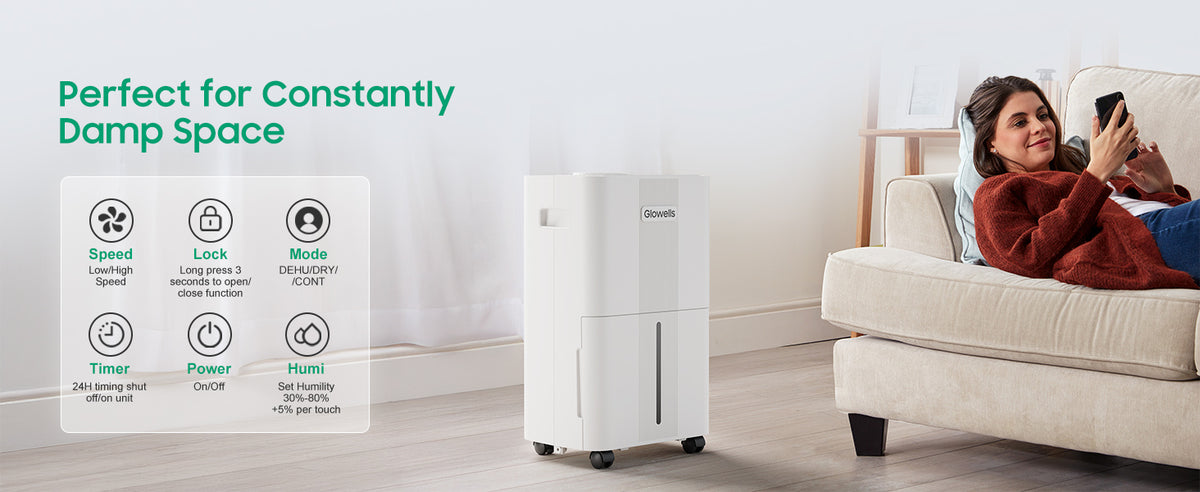 Glowells 1600 Sq.ft Dehumidifiers for Home, 21 Pints Dehumidifier with Drain Hose for Basement, Smart Humidity Control Moisture Removal, 3 Operation Modes for RV, Bathroom, Bedroom