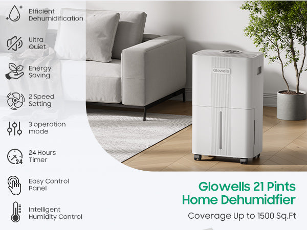 Glowells 1600 Sq.ft Dehumidifiers for Home, 21 Pints Dehumidifier with Drain Hose for Basement, Smart Humidity Control Moisture Removal, 3 Operation Modes for RV, Bathroom, Bedroom