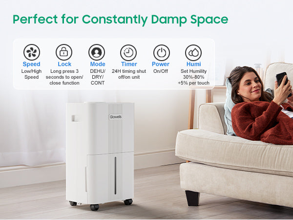 Glowells 1600 Sq.ft Dehumidifiers for Home, 21 Pints Dehumidifier with Drain Hose for Basement, Smart Humidity Control Moisture Removal, 3 Operation Modes for RV, Bathroom, Bedroom
