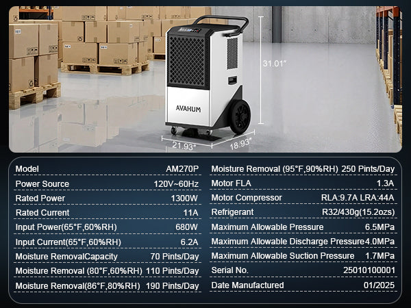 AVAHUM 250 Pints Commercial Dehumidifier with Pump, Industrial Dehumidifier for Basements, Garages, and Flood Restoration