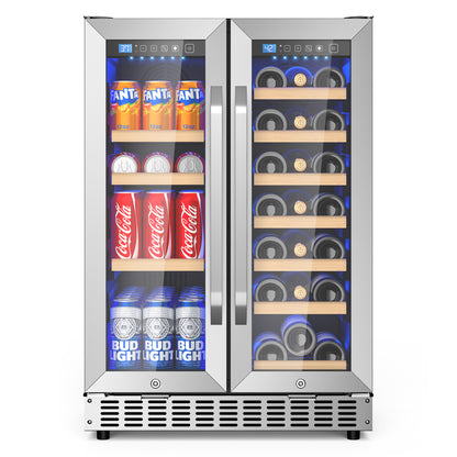 Beverage Cooler with Glass Door holds 21 Bottles and 88 Cans Wine and Beverage Refrigerator 24'', Dual Zone Wine Fridge Built in or Freestanding, Upgrade Cooling Low Noise for Kitchen, Bar, Office