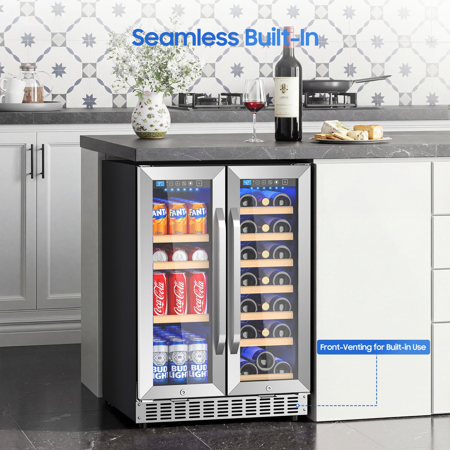 Beverage Cooler with Glass Door holds 21 Bottles and 88 Cans Wine and Beverage Refrigerator 24'', Dual Zone Wine Fridge Built in or Freestanding, Upgrade Cooling Low Noise for Kitchen, Bar, Office