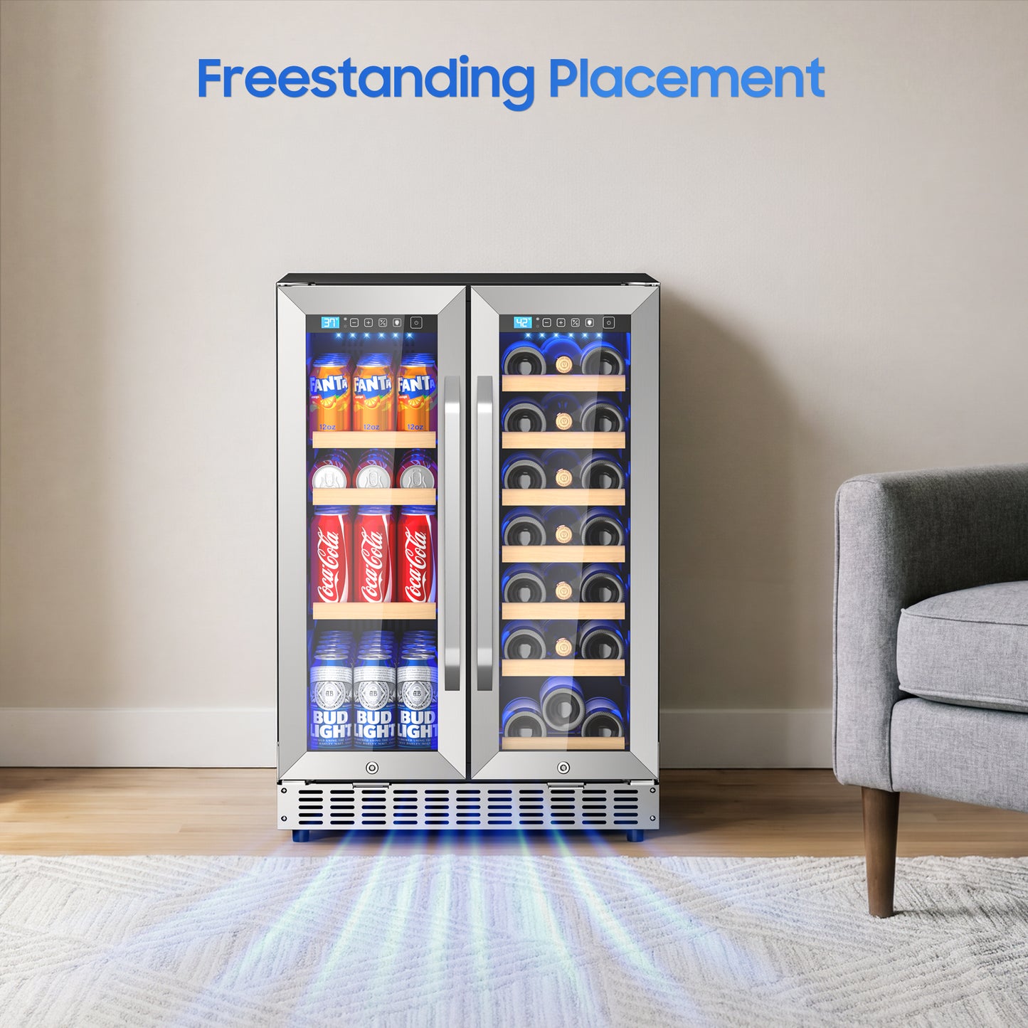 Beverage Cooler with Glass Door holds 21 Bottles and 88 Cans Wine and Beverage Refrigerator 24'', Dual Zone Wine Fridge Built in or Freestanding, Upgrade Cooling Low Noise for Kitchen, Bar, Office