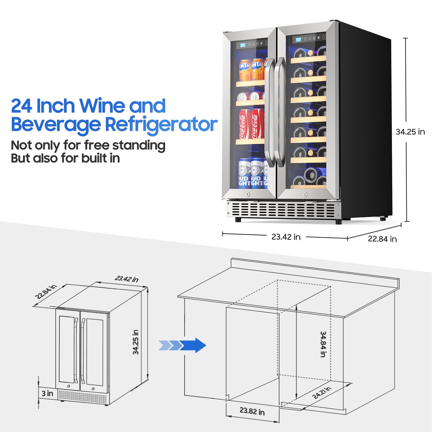 Beverage Cooler with Glass Door holds 21 Bottles and 88 Cans Wine and Beverage Refrigerator 24'', Dual Zone Wine Fridge Built in or Freestanding, Upgrade Cooling Low Noise for Kitchen, Bar, Office