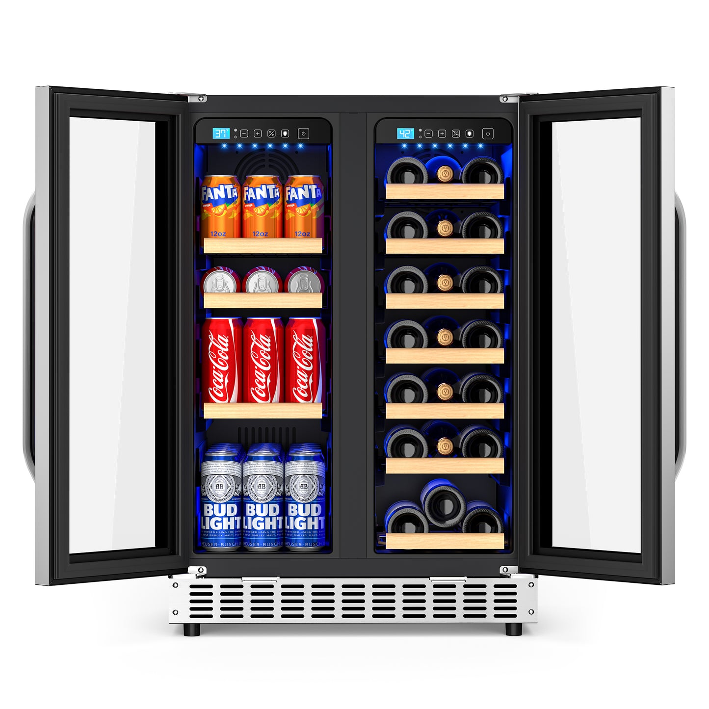 Beverage Cooler with Glass Door holds 21 Bottles and 88 Cans Wine and Beverage Refrigerator 24'', Dual Zone Wine Fridge Built in or Freestanding, Upgrade Cooling Low Noise for Kitchen, Bar, Office