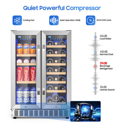 Beverage Cooler with Glass Door holds 21 Bottles and 88 Cans Wine and Beverage Refrigerator 24'', Dual Zone Wine Fridge Built in or Freestanding, Upgrade Cooling Low Noise for Kitchen, Bar, Office