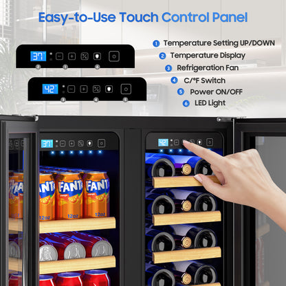 Beverage Cooler with Glass Door holds 21 Bottles and 88 Cans Wine and Beverage Refrigerator 24'', Dual Zone Wine Fridge Built in or Freestanding, Upgrade Cooling Low Noise for Kitchen, Bar, Office