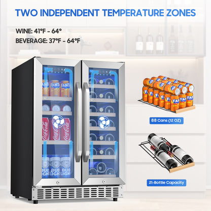 Beverage Cooler with Glass Door holds 21 Bottles and 88 Cans Wine and Beverage Refrigerator 24'', Dual Zone Wine Fridge Built in or Freestanding, Upgrade Cooling Low Noise for Kitchen, Bar, Office