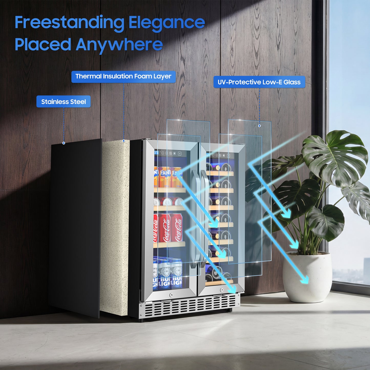 Beverage Cooler with Glass Door holds 21 Bottles and 88 Cans Wine and Beverage Refrigerator 24'', Dual Zone Wine Fridge Built in or Freestanding, Upgrade Cooling Low Noise for Kitchen, Bar, Office