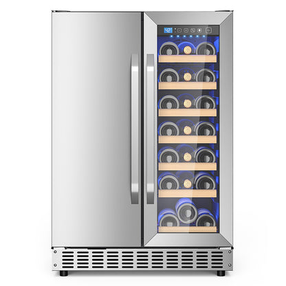 Holds 21 Bottles and 88 Cans Wine and Beverage Refrigerator, 24” Daul Zone Wine Fridge, Freestanding Under Counter Refrigerator, Stainless Steel Beverage Cooler with Adjustable Shelves