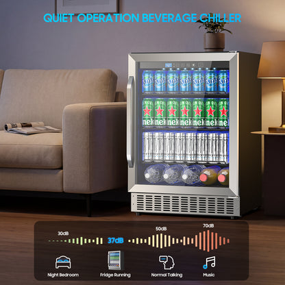 24 Inch Beverage Refrigerator, 200 Can Built-in Beverage Cooler, Under Counter Beer Fridge with Glass Door for Soda, Water, Wine - For Kitchen, Bar or Office
