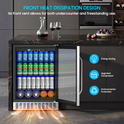 24 Inch Beverage Refrigerator, 200 Can Built-in Beverage Cooler, Under Counter Beer Fridge with Glass Door for Soda, Water, Wine - For Kitchen, Bar or Office