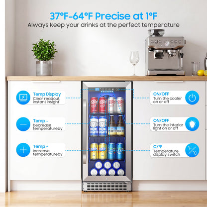 15In Under Counter Beverage Refrigerator, 92Cans Drink Fridge for Kitchen