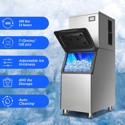 Commercial Ice Maker Machine 400Lbs/24H, Stainless Steel Clear Ice Cube Maker, 400Lbs Large Storage