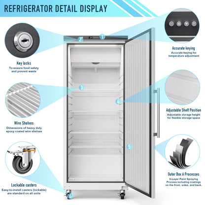 30" Commercial Refrigerator, 115V, 23 Cu.ft Single Door Reach-In Fridge, Freezerless, Fan Cooling