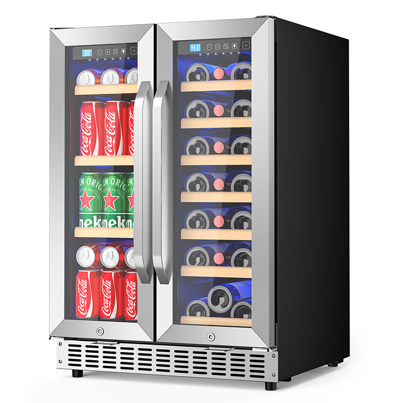 Beverage Cooler with Glass Door holds 21 Bottles and 88 Cans Wine and Beverage Refrigerator 24'', Dual Zone Wine Fridge Built in or Freestanding, Upgrade Cooling Low Noise for Kitchen, Bar, Office