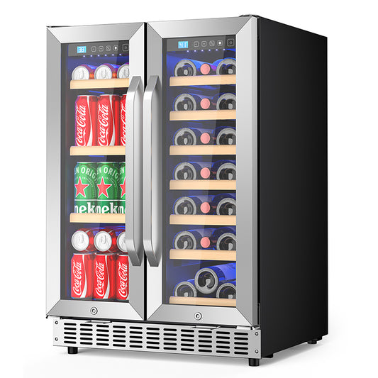 Beverage Cooler with Glass Door holds 21 Bottles and 88 Cans Wine and Beverage Refrigerator 24'', Dual Zone Wine Fridge Built in or Freestanding, Upgrade Cooling Low Noise for Kitchen, Bar, Office