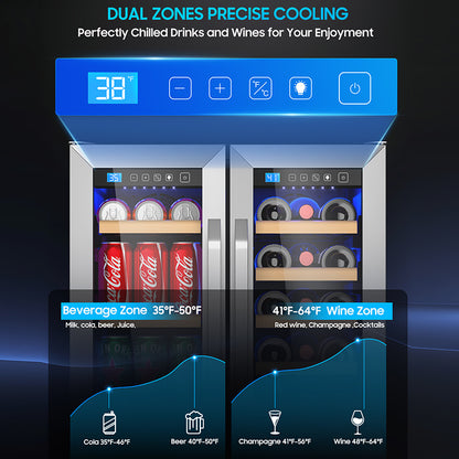 Beverage Cooler with Glass Door holds 21 Bottles and 88 Cans Wine and Beverage Refrigerator 24'', Dual Zone Wine Fridge Built in or Freestanding, Upgrade Cooling Low Noise for Kitchen, Bar, Office