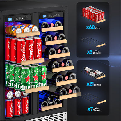 Beverage Cooler with Glass Door holds 21 Bottles and 88 Cans Wine and Beverage Refrigerator 24'', Dual Zone Wine Fridge Built in or Freestanding, Upgrade Cooling Low Noise for Kitchen, Bar, Office