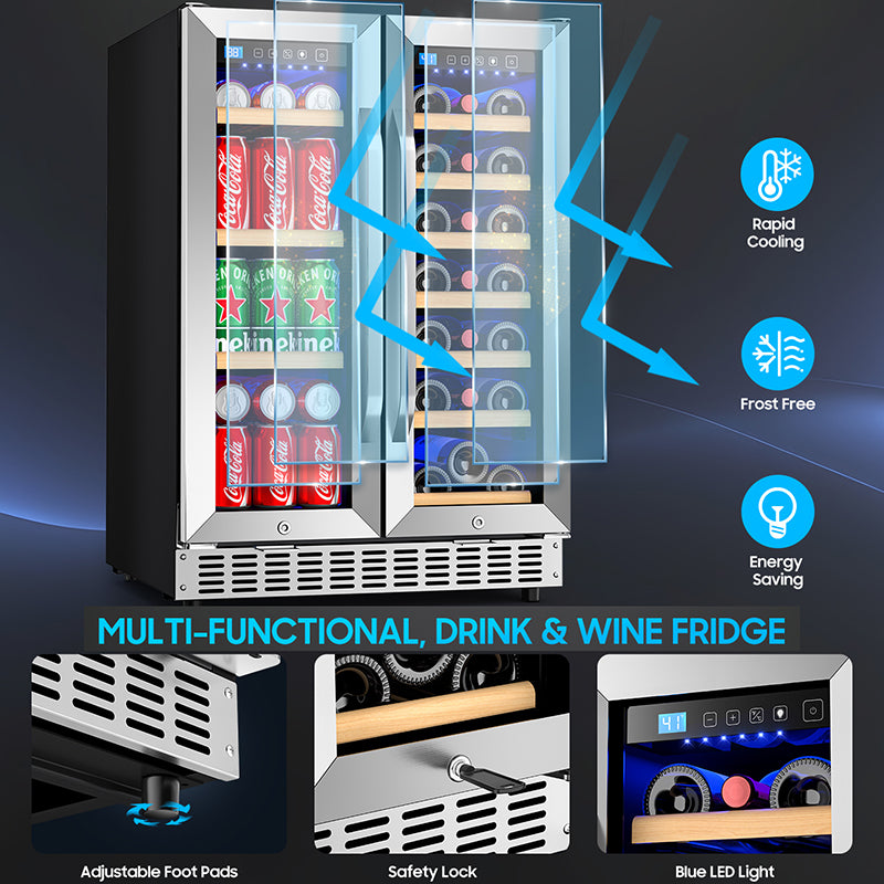 Beverage Cooler with Glass Door holds 21 Bottles and 88 Cans Wine and Beverage Refrigerator 24'', Dual Zone Wine Fridge Built in or Freestanding, Upgrade Cooling Low Noise for Kitchen, Bar, Office